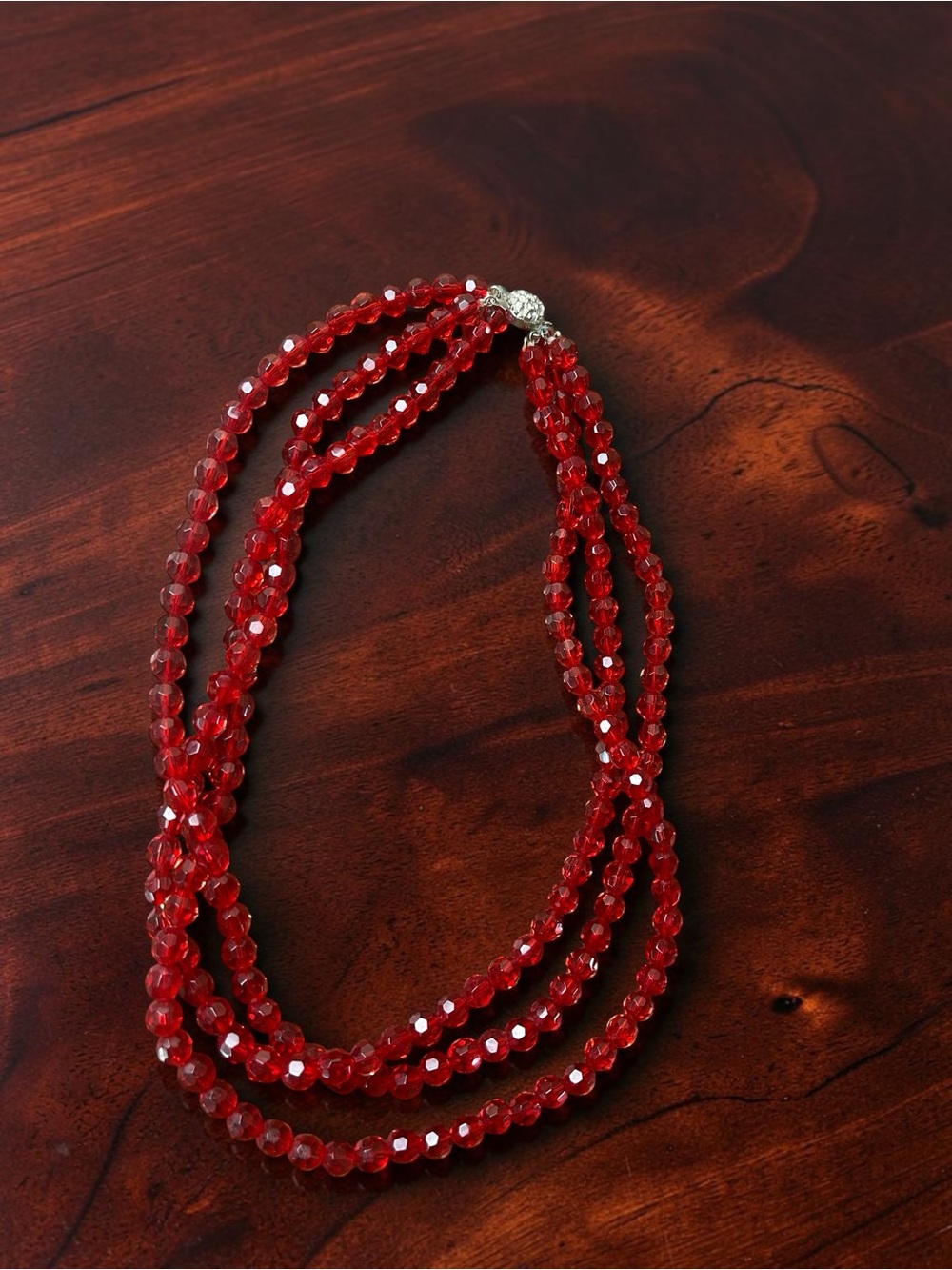 Red Faceted Beaded Multi-Strand Statement Necklace Silver-Tone Clasp